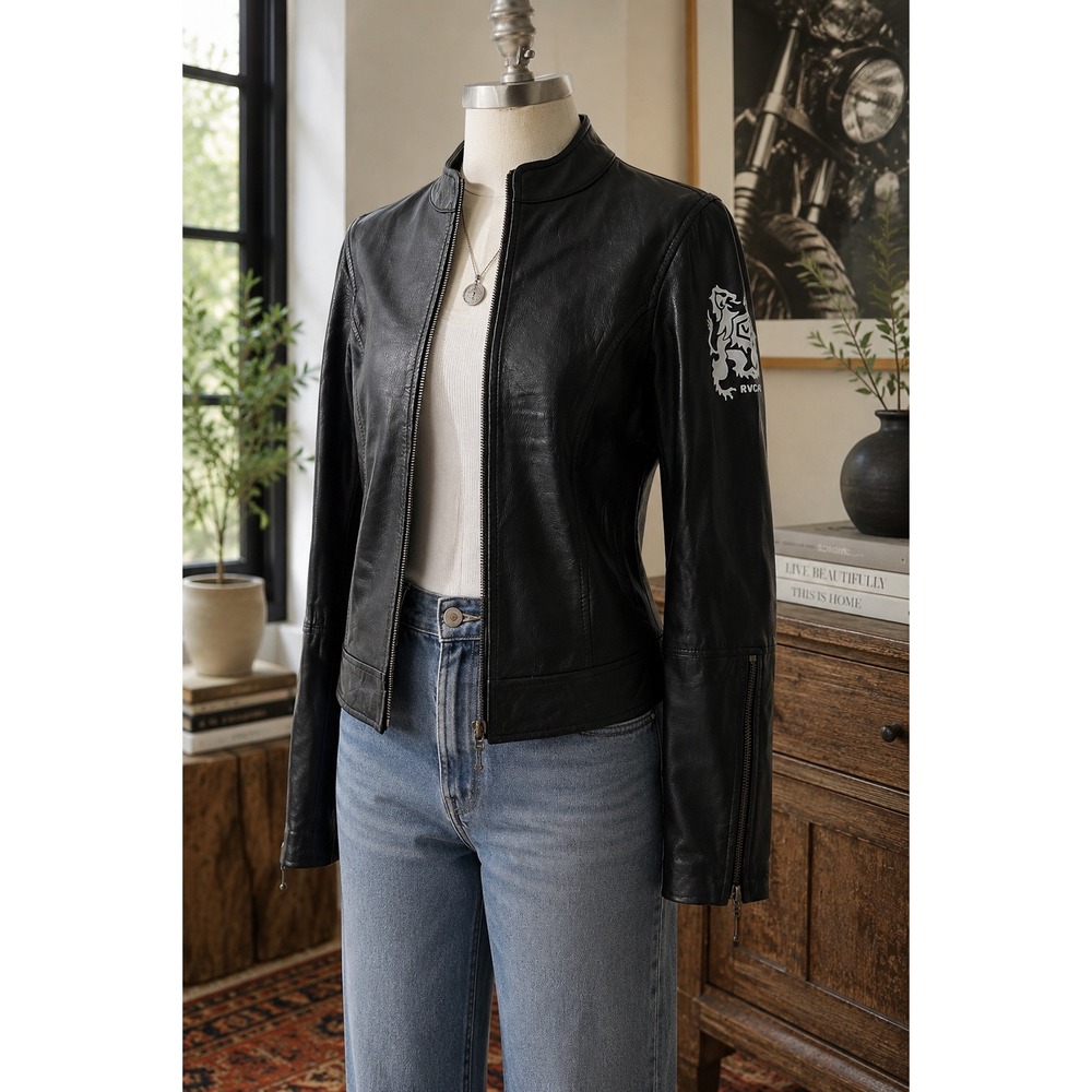 RVCA Womens Black Leather Cafe Racer Jacket Lion Crest Graphic Moto Zip Up XS